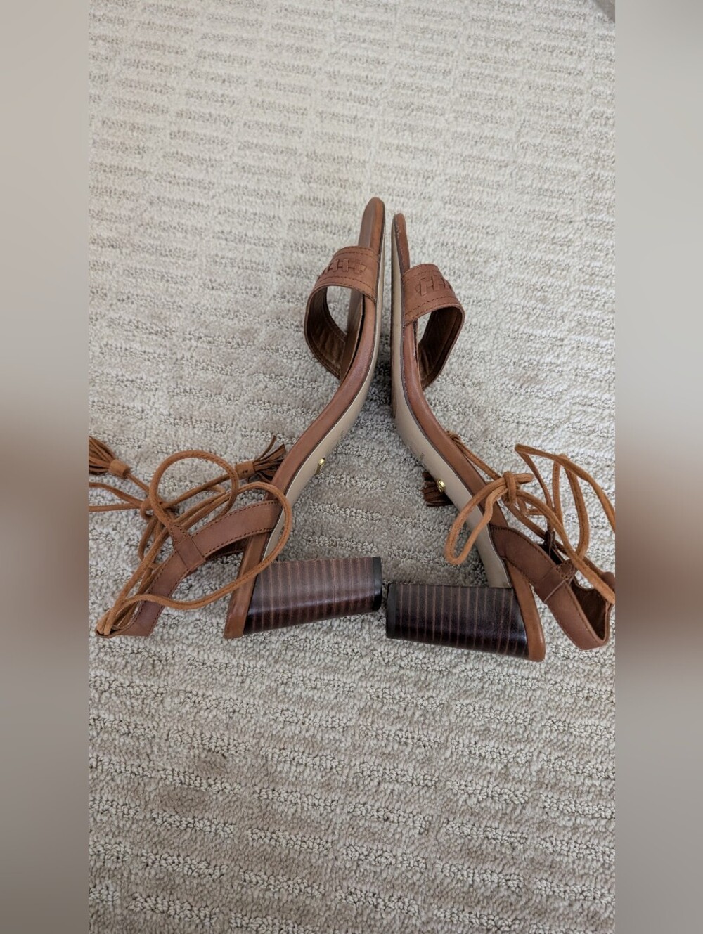 Ralph Lauren Cognac Leather Ankle-Tie Block Heel Sandals 9.5 - Picture 8 of 11